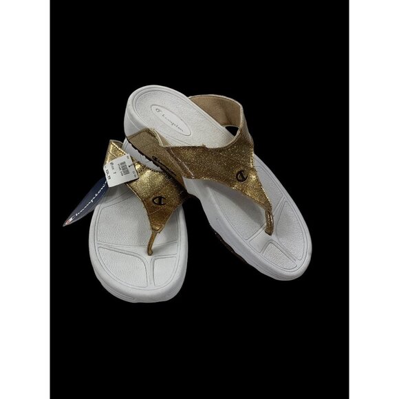 Champion's Women's White & Gold Thong Sandals - Picture 1 of 6